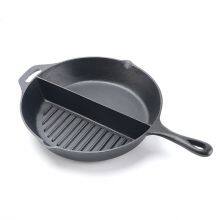 Non-Stick 2 in 1 Cast Iron Short Handle Skillet Divided Into Half Striped Pan Grill Steak Fish Skillet