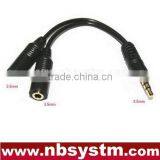 3.5mm Stereo Plug to 2 x 3.5 Stereo Jack Gold Audio Cable Adapter