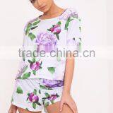Custom Print Women Floral Print Grey Full Printing Flowers Ladies Pyjama Set Digital Printed Pajama Set thumbnail-3