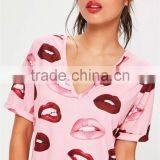 Custom Full Print Women Oversizes V Neck Pink Lip Print Nightshirt Roll Sleeve Causal Loose Sleepwear thumbnail-5
