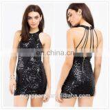 Women Halter Neck Strappy Back Short Hem Gothic Sequin Dress Sleeveless thumbnail-1