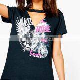 Custom Black Casual Women v Neck Short Sleeve Printed t Shirt thumbnail-2