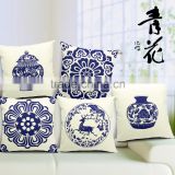linen throw pillow case with blue and white porcelain printed