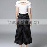 Two Pieces Set Women New Fashion Summer 2016 Ladies Off Shoulder T-Shirt Tops and Striped Print Wide Leg Pants thumbnail-4