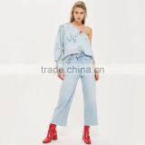 Tie Cuff Modern Lady's One Shoulder Stripe and Floral Poplin Blouse thumbnail-5