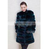 QD80665 Ladies Luxurious Mid-long Dark Green Real Chinchilla Fur Coat without Collar