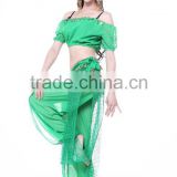 Green belly dancing clothes cheap with glitter mesh , belly dance practice wear with coins