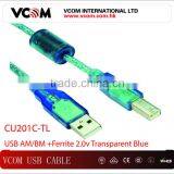 High Speed Top 2.0V Transparant USB Cable USB AM/BM + Ferrite 2.0V Transparant Blue