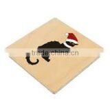 2017 Natural Wood Coaster With a Cat in Chistmas Hat for Christmas Decoration Made in China thumbnail-1