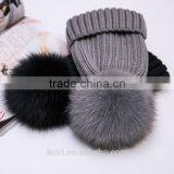 Factory Supply 14cm Fox Fur Ball Cap Pom Poms Winter Hat for Women Girl 's Wool Hat Knitted Cotton Beanies Cap Brand New Design thumbnail-3