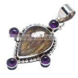 925 SOLID STERLING FINE SILVER LABRADORITE & AMETHYST PENDANT thumbnail-1