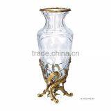 Bronze Casting Leaves Design Crystal Flower Vase, Home Decorative Square Crystal Vase With Gilt Bronz Base thumbnail-2