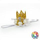 Newborn Toddler Girls Elastic Band Pink Flower Gold Princess Crown Headband thumbnail-2