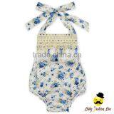 White And Blue Little Flower Printed Halter Fringe Model Design Infant Newborn Clothes Baby Girl Floral Ruffle Romper Vintage thumbnail-1
