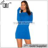 Royal Blue Crew Neck Long Sleeves Fitted Knitted Short Dress thumbnail-1