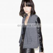 Woolen Female Cardigan Sweater With Leather Sleeve thumbnail-1