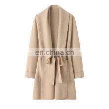 100% Knitted Mid-Length Cashmere Sweater Cardigan Inner Mongolia Plus Size Coats Front Logo Solid Pattern Winter Season Pocket thumbnail-4