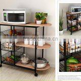 Portable Rolling Wire Shelf Wood Top Kitchen Storage Trolley thumbnail-5