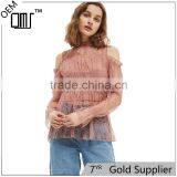 2017 OEM Spring Romantic Pink Lace Frill Strapless Women's Blouses thumbnail-1