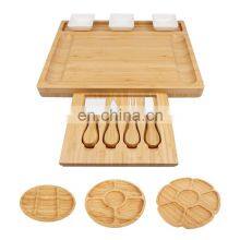 Natural Original Large Square, Charcuterie Wooden Bamboo Cheese Board With Grooved Cutlery 4 Stainless Steel Cheese Knives thumbnail-1