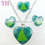 2016 big fashion green glitter resin heart party young girl earring jewelry set