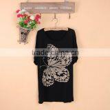 95%viscose 5%spandex black short sleeve tshirt with butterfly printing