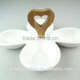 Wholesale Ceramic White Dinner Plate Divided Serving Platter & Wooden Handle thumbnail-1