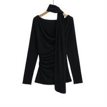 Pure Desire Style Loose Collar Hanging Neck Streamer Long-sleeved T-shirt Spring Design Pleated Slim Body Hot Girl Bottom Shirt Women thumbnail-2