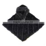 QD0807 Woman Knitted Rabbit Fur Poncho With Raccoon Fur Trim and Bigger Hood thumbnail-4