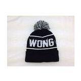 Black Cuffed Knitted Beanie Hats with Pom Pom Ball Top and Jacquard Logo