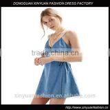 Apparel Denim Sexy Blue Plunge Neck Dress Spaghetti Strap Sashes Wrap Dresses Backless Sleeveless Street A-line Dress thumbnail-1