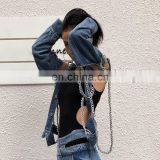 TWOTWINSTYLE TWOTWINSTYLE Chains Patchwork Denim Women Jacket  Long Sleeve Button Hollow Out Backless