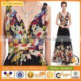 OEM Service Women Sexy Double V-Neck Floral Printed Chiffon Maxi Dress Long Dress Wholesale