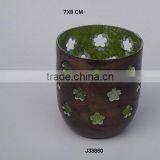 Metal Votive Made in Iron Two Tone Antique Brass and Green Inside Rounder Flower Pattern thumbnail-1