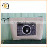 Vintage Camera Applique Zipper Pouch/Makeup Bag: Natural Canvas With Black and White Plaid Fabric By Chiqun Donggaun CQ-H01073 thumbnail-1