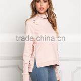 MGOO Customized Pink Distressd Hoodies For Ladies 100 Cotton Terry Tops Turtle Neck Long Sleeves Sweatshirts thumbnail-5