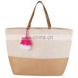 colorful jute coated printed jute tote shopping bag leather handle with tassel jute beach tote bag