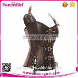 Women Cheap Straps Steampunk Brown Leather Corset thumbnail-3