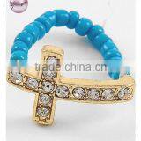 Gold Tone Turquoise Seed Beads Cross Stretch Ring thumbnail-1
