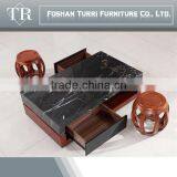 Antique Black Marble Top Wooden Base Coffee Table for Living Room Furniture Set thumbnail-2