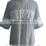 Korean Style Floral Lace Round Neck 3/4 Sleeve Linen Cotton Blouse thumbnail-1