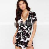 HAODUOYI Women Multi Rose Print Sexy Deep V Neck Puff Sleeve Wrap Romper thumbnail-5