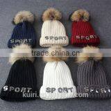 Womens Winter Cap Real Raccoon Fur Poms Hat With Plush Thicken Knit Cap Embroideried thumbnail-1