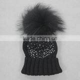Myfur Latest Design Beige Color Turn Up Beanie With Stone Decoration Real Raccoon Fur Pom Pom thumbnail-3