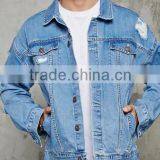 Men's Washed Distressed Cotton/spandex Button-up Denim Jacket With Holes thumbnail-2