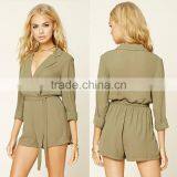 Wholesale Custom Fashion Long Sleene Army Green Chiffon Jumpsuits Women Romper thumbnail-1