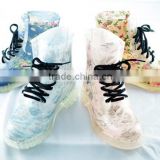 2016 latest design pvc boots waterproof printing rain boots ladies lace boots plastic jelly boots