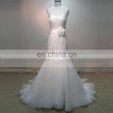 Generous Scoop Neck See Through Sexy Back Fish Style Lace Beads Wedding Dress With Handmade Flower thumbnail-1