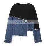 TWOTWINSTYLE Denim Sweatshirt For Female O Neck Long Sleeve Loose Hit Color Patchwork Asymmetrical thumbnail-2