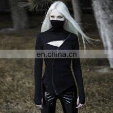 Wholesale Custom Dark Punk Style Irregular Zipper Chest Hollow Long-sleeved Shirt High Collar Sexy Thin Irregular T-shirt thumbnail-5